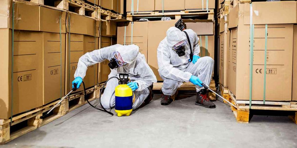 Two men kneeling down in a store spraying under wooden supports