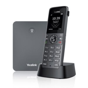 A single black office telephone in a white background