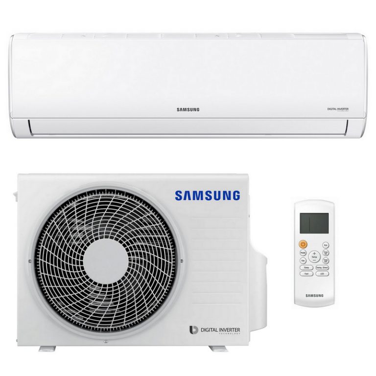 A white Samsung AC fan and accessories in a white background