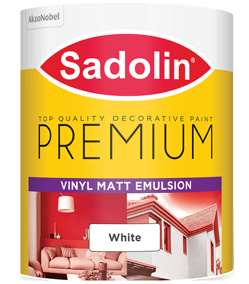 A bucket of Sadolin Vinyl Matt Emulsion Paint in a white background